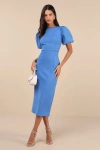 Lulus Simply Beloved Blue Puff Sleeve Bodycon Midi Dress In Blue