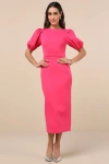 Lulus Simply Beloved Fuchsia Puff Sleeve Bodycon Midi Dress In Fuchsia