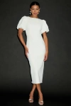 Lulus Simply Beloved White Puff Sleeve Bodycon Midi Dress In Multi