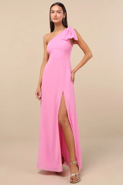 Lulus Simply Brilliant Pink One-shoulder Bow Maxi Dress