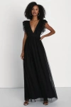 Lulus Simply Delighted Black Mesh Ruffled Backless Maxi Dress In Black
