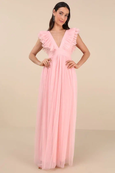 Lulus Simply Delighted Pink Mesh Ruffled Backless Maxi Dress