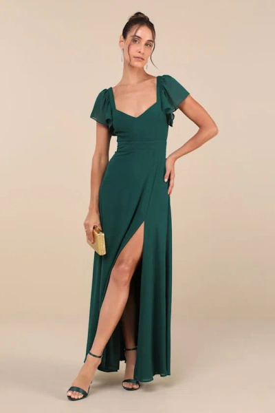 Lulus Simply Delightful Dark Green Tie-back Flutter Sleeve Maxi Dress