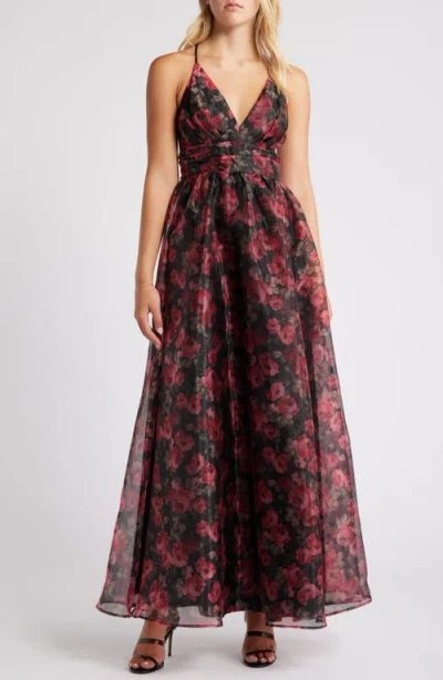 Lulus Simply Divine Black And Red Floral Print Organza Maxi Dress