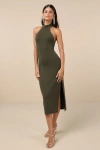 Lulus Simply Enchanted Olive Green Halter Midi Dress In Olive Green