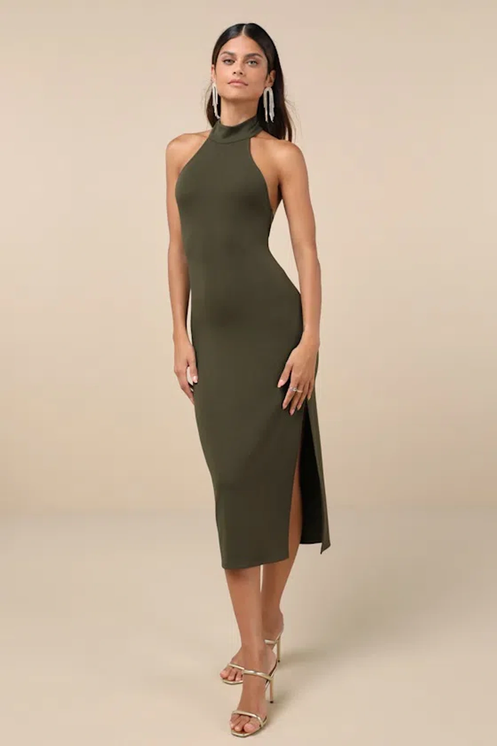 green emerald velvet dress Olive Green Halterneck Grace Bandage Midi Dress
