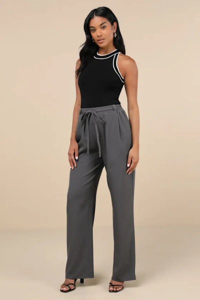 Lulus Simply Poised Charcoal Grey Twill Wide Leg Pants