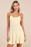 Lulus Simply Pretty Washed Yellow Ribbed Pleated Sleeveless Mini Dress In Yellow