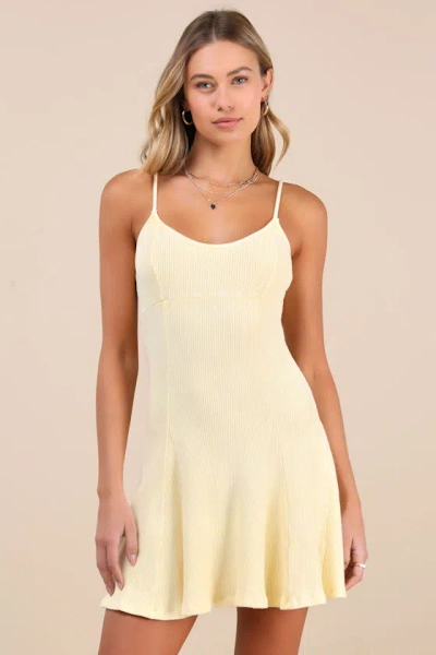 Lulus Simply Pretty Washed Yellow Ribbed Pleated Sleeveless Mini Dress