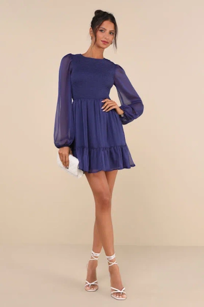 Lulus Simply The Sweetest Dark Blue Long Sleeve Smocked Mini Dress