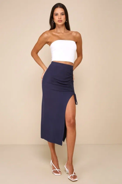 Lulus Simply Trendy Navy Blue Ribbed Ruched Drawstring Midi Skirt