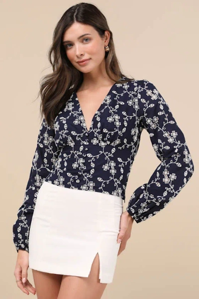 Lulus Sincere Charisma Navy Eyelet Embroidered Long Sleeve Top