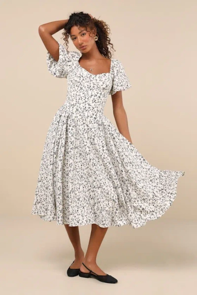 Lulus Sincerely Captivating Ivory Floral Puff Sleeve Midi Dress