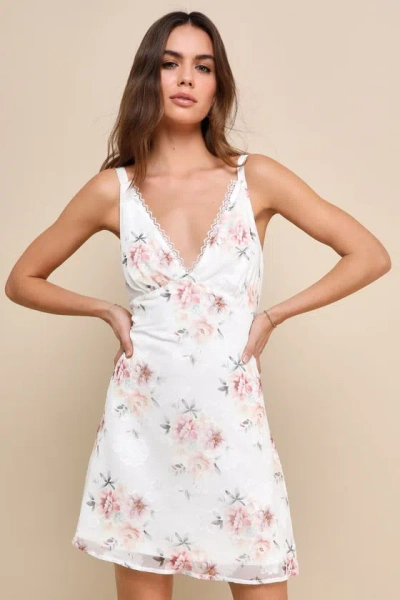 Lulus Sincerely Cute White Floral Burnout Lace Slip Mini Dress