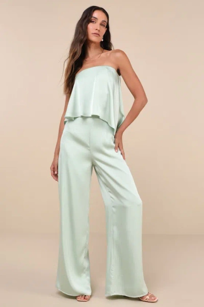 Lulus Sincerely Exceptional Sage Satin Strapless Two-piece Jumpsuit In Green
