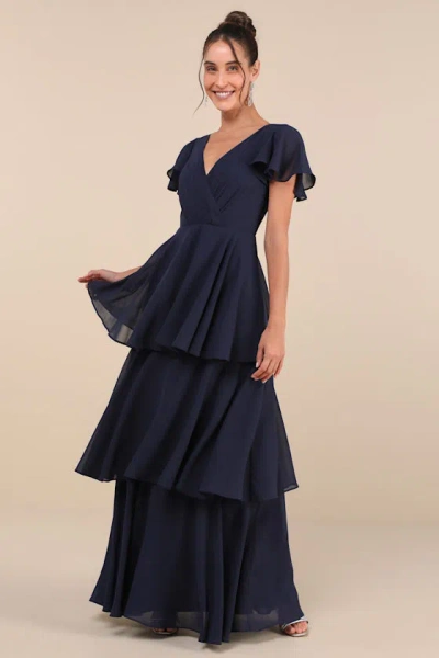 Lulus Sincerely Exquisite Navy Blue Short Sleeve Tiered Maxi Dress