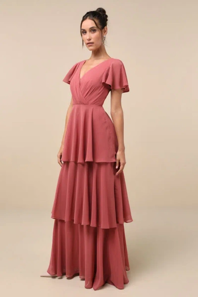 Lulus Sincerely Exquisite Rusty Rose Short Sleeve Tiered Maxi Dress In Pink