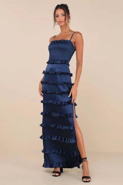 Lulus Sincerely Fabulous Navy Blue Satin Smocked Ruffled Maxi Dress