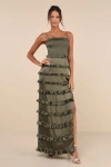 Lulus Sincerely Fabulous Olive Green Satin Smocked Ruffled Maxi Dress In Olive Green