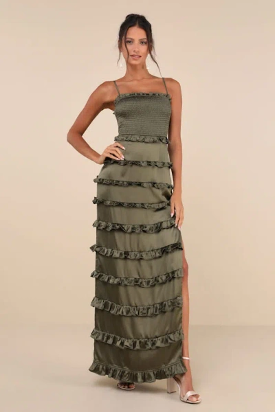 Lulus Sincerely Fabulous Olive Green Satin Smocked Ruffled Maxi Dress