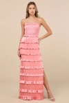 Lulus Sincerely Fabulous Peach Pink Satin Smocked Ruffled Maxi Dress In Peach