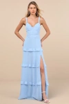 Lulus Sincerely Poised Light Blue Backless Bustier Tiered Maxi Dress In Light Blue
