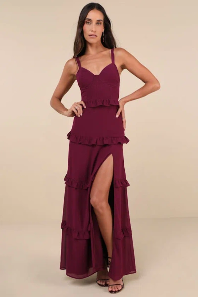 Lulus Sincerely Poised Plum Purple Backless Bustier Tiered Maxi Dress