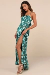 Lulus Sincerely Romantic Green Floral Satin Tie-back Maxi Dress In Green