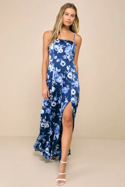 Lulus Sincerely Romantic Navy Blue Floral Satin Tie-back Maxi Dress