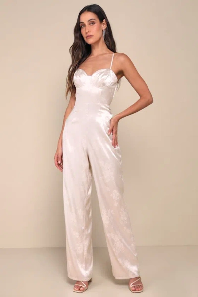 Lulus Sincerely Sensational Cream Satin Jacquard Lace-up Jumpsuit In White