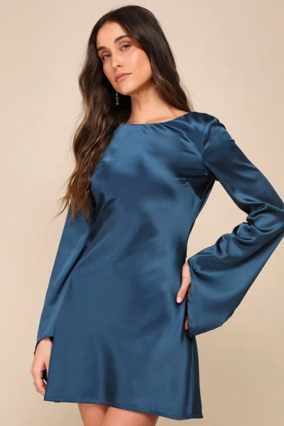 Lulus Sincerely Sleek Dark Blue Satin Cowl Back Slip Mini Dress