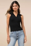 Lulus Sincerely Trendy Black Ribbed Collared Sleeveless Sweater Top In Black