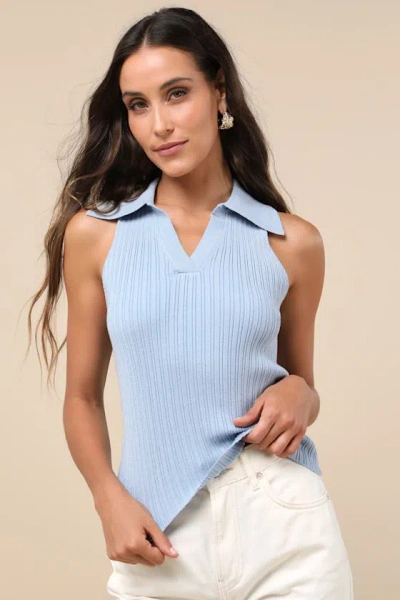 Lulus Sincerely Trendy Blue Ribbed Collared Sleeveless Sweater Top