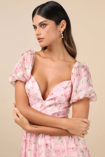 Lulus Sincerely Wondrous Pink Floral Puff Sleeve Tiered Midi Dress