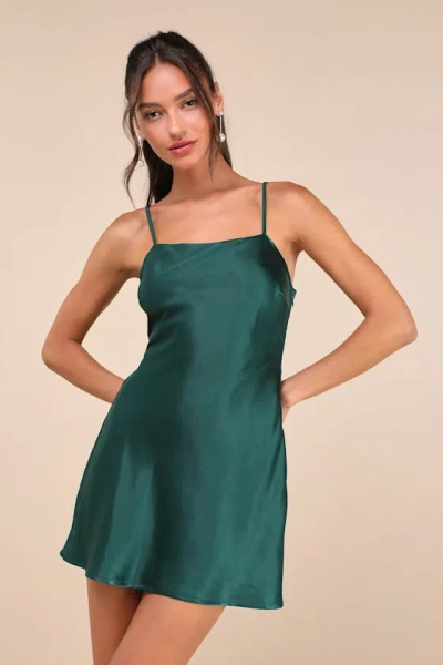 Lulus Sincerest Elegance Emerald Satin Cowl Back Bow Mini Dress In Green