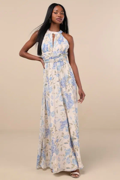 Lulus Sintra Beige And Blue Floral Pleated Backless Maxi Dress