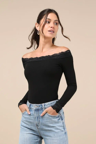 Lulus Skilled Poise Black Ribbed Off-the-shoulder Lace Bodysuit