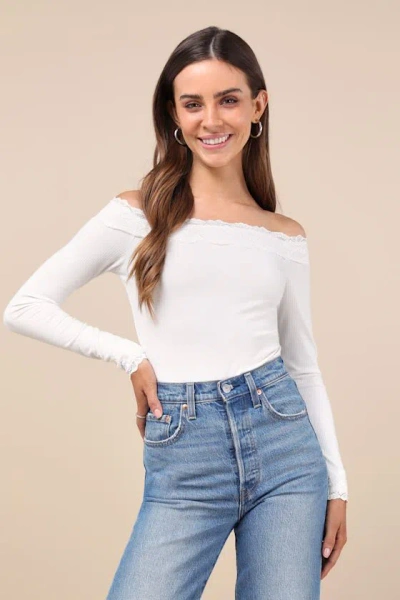 Lulus Skilled Poise White Ribbed Off-the-shoulder Lace Bodysuit