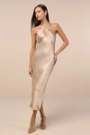 Lulus Sleek And Sweet Champagne Satin Cutout Backless Slip Midi Dress In Champagne