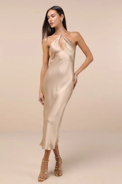 Lulus Sleek And Sweet Champagne Satin Cutout Backless Slip Midi Dress