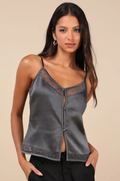Lulus Sleek Cutie Dark Grey Satin Lace Button-front Cami Top