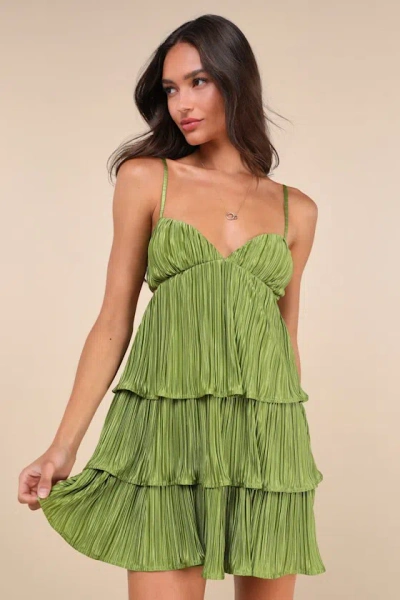 Lulus Sleek Dedication Green Satin Plisse Cutout Tiered Mini Dress