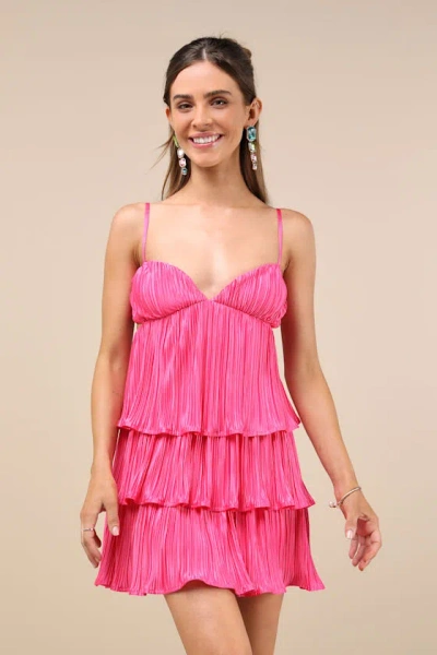 Lulus Sleek Dedication Hot Pink Satin Plisse Cutout Tiered Mini Dress