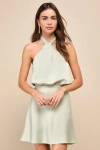 Lulus Sleek Essence Sage Green Satin Halter Sleeveless Mini Dress In Sage Green