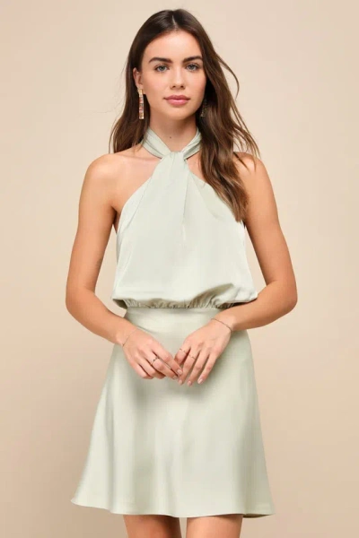 Lulus Sleek Essence Sage Green Satin Halter Sleeveless Mini Dress