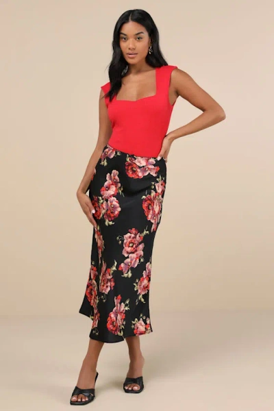 Lulus Sleek Proposition Black Floral Satin Bow Midi Skirt