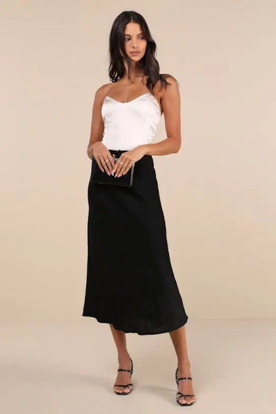 Lulus Sleek Proposition Black Satin Bow Midi Skirt
