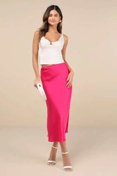Lulus Sleek Proposition Fuchsia Satin Bow Midi Skirt