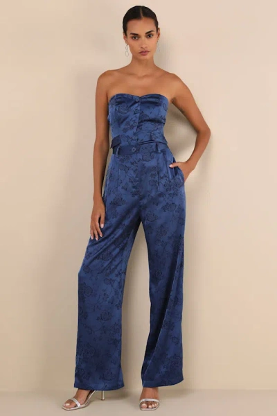 Lulus Sleek Refinement Navy Satin Jacquard High-rise Trouser Pants