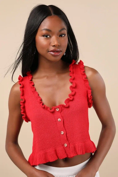 Lulus Smiling Sweetie Bright Red Knit Ruffled Sleeveless Sweater Top